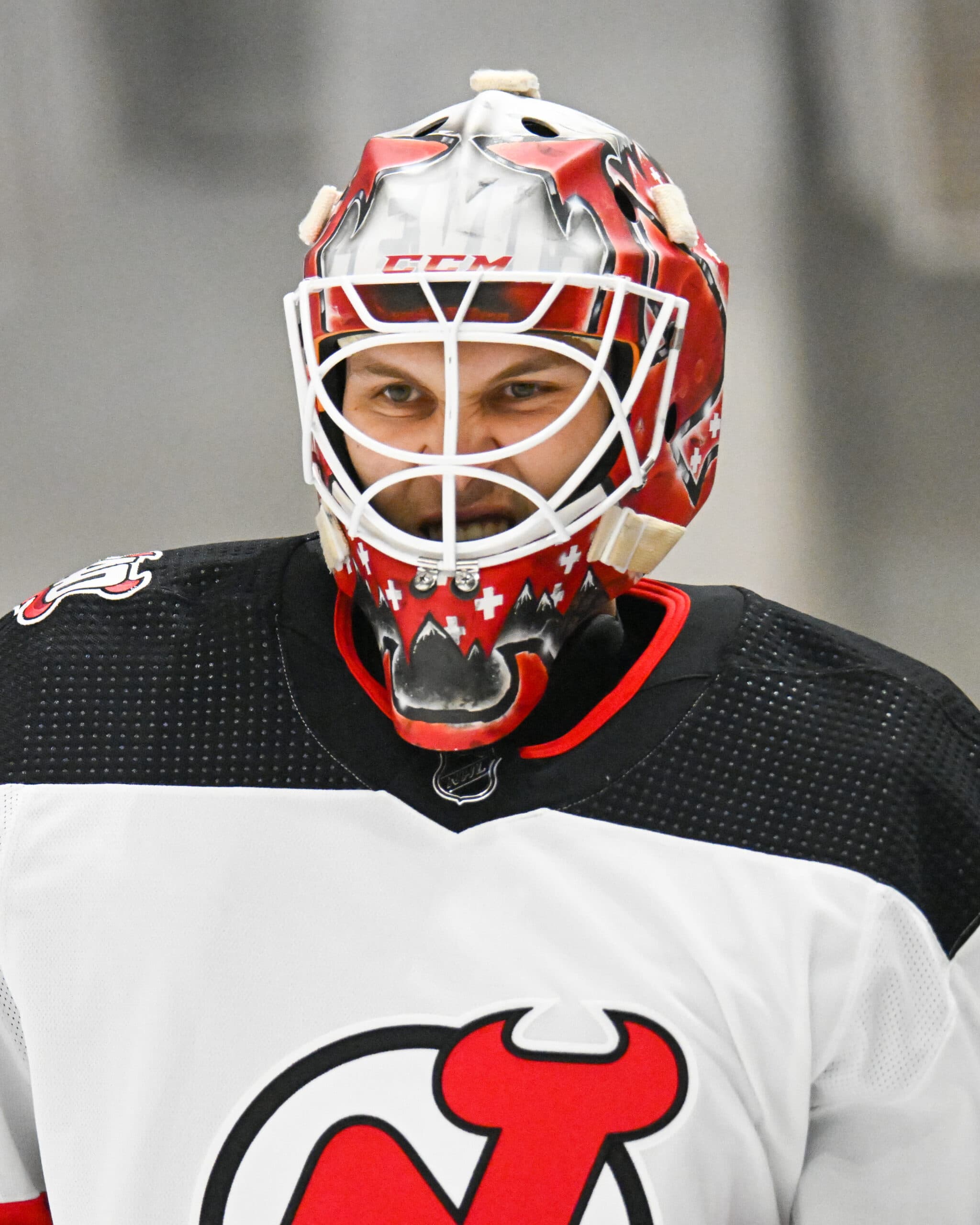 Akira Schmid looking through his Swiss-themed mask