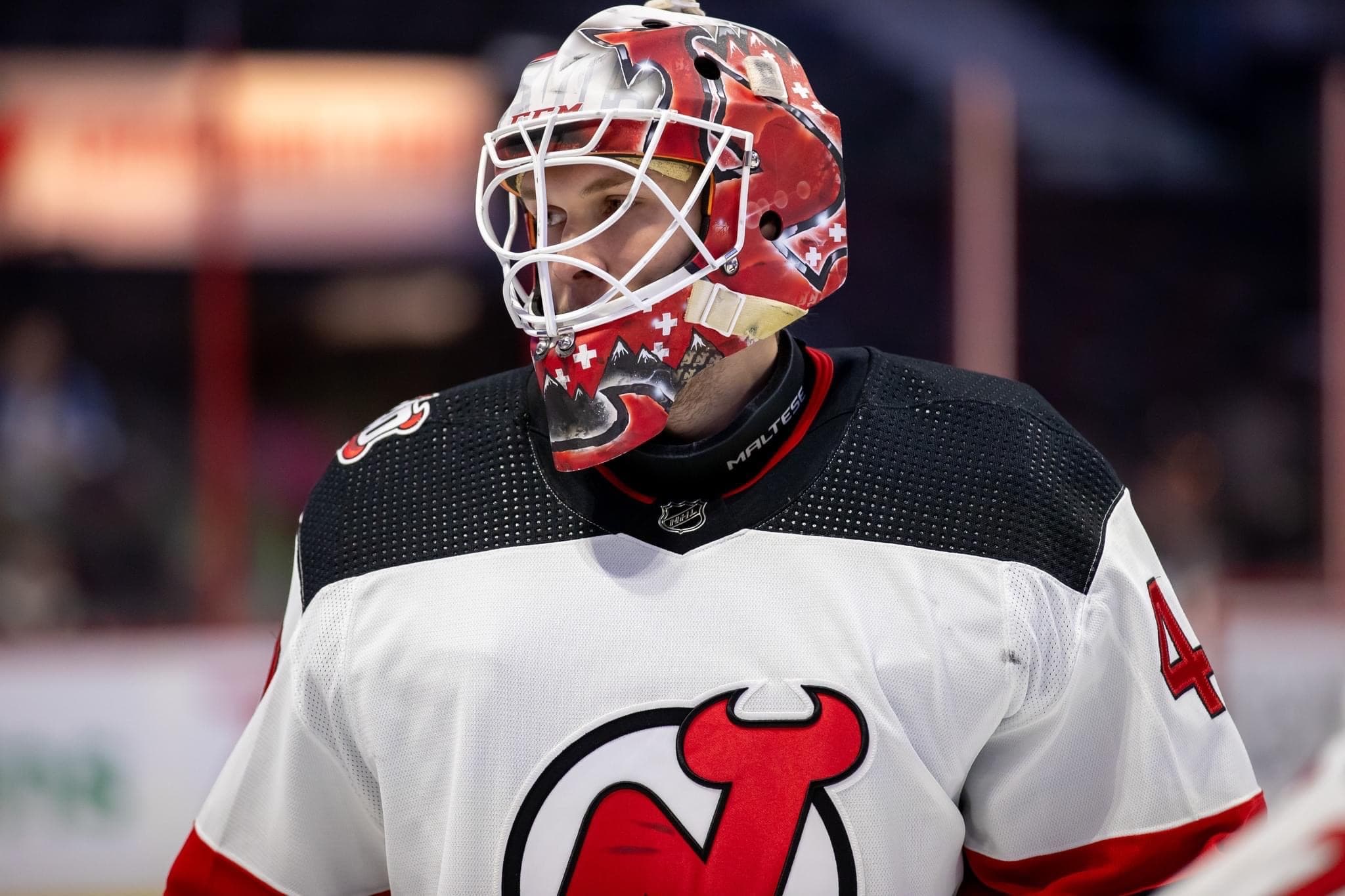 Akira Schmid in net for the New Jersey Devils